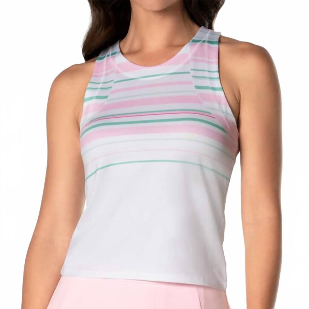 NEW LUCKY IN LOVE women's deco stripe tank top in white/biscayne green/pink - Picture 1 of 2
